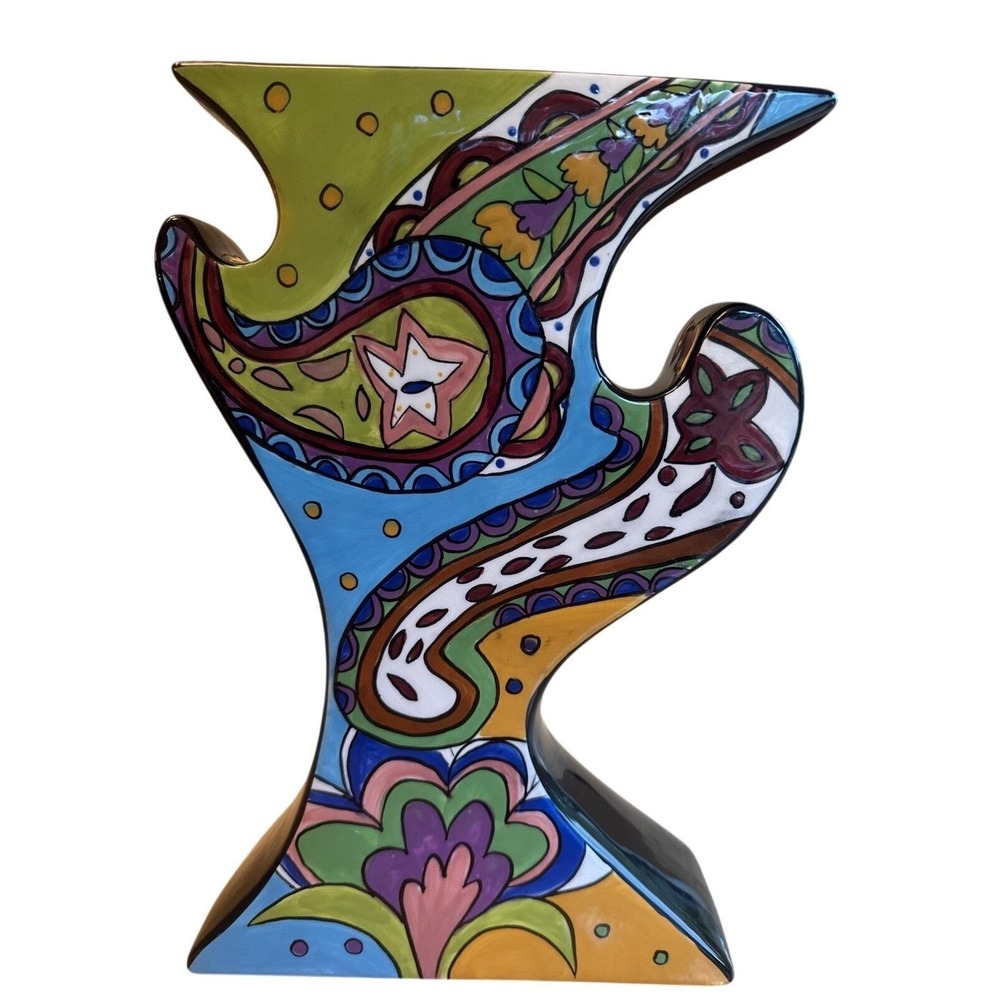 Vintage 12" Paisley Hand Painted Vase Geometric 90's‎ Glossy